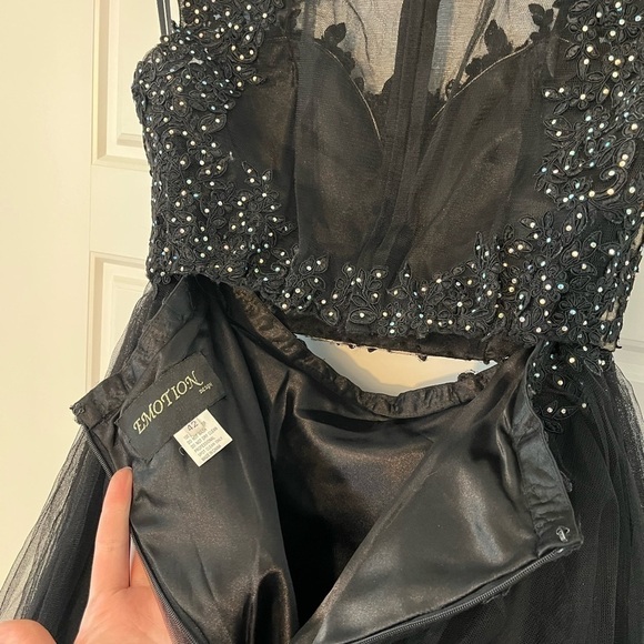 EMOTION Two Piece Cropped Black Mesh Glam Lace Tutu Mini Prom Punk Dress Outfit - Picture 12 of 14